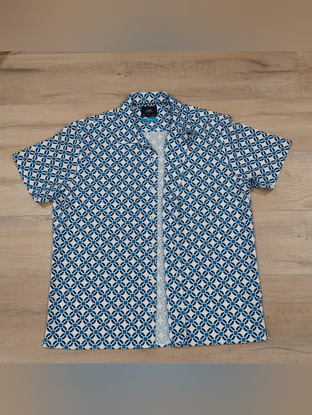 MBX Premium Goods- Short-Sleeve Geometric Print Men's Shirt - Blue & White
